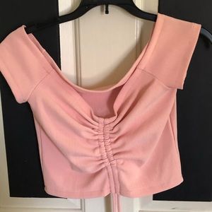 pink off the shoulder tie shirt